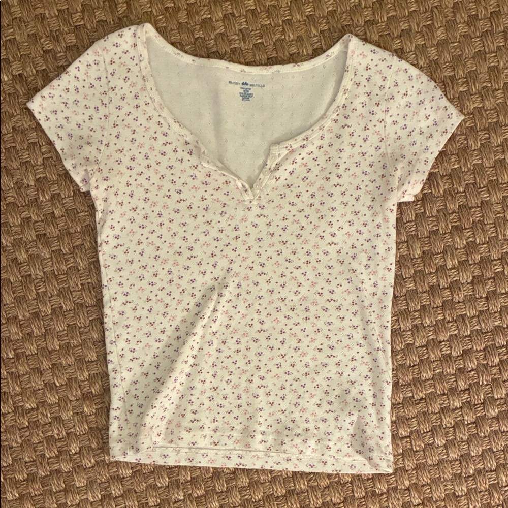 Brandy Melville White and Pink Floral Short Sleeve Top